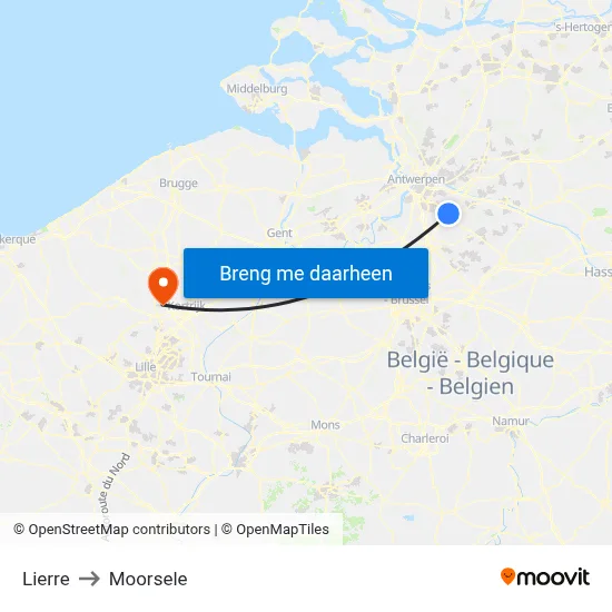 Lierre to Moorsele map