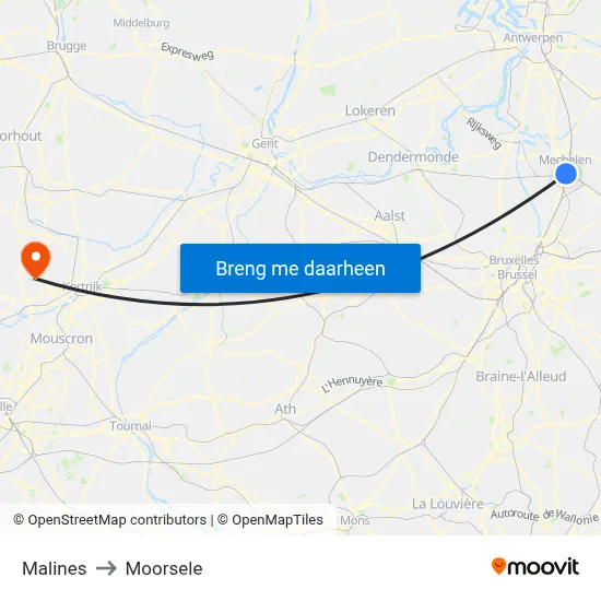 Malines to Moorsele map