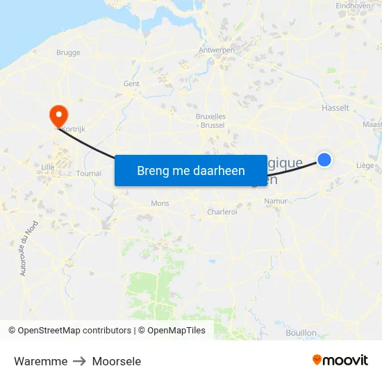 Waremme to Moorsele map