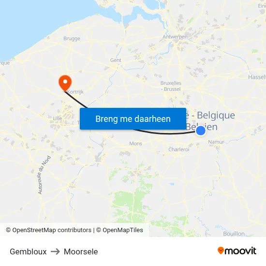 Gembloux to Moorsele map