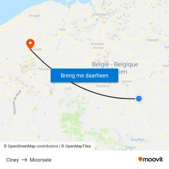 Ciney to Moorsele map