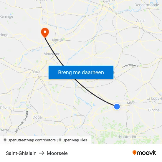 Saint-Ghislain to Moorsele map