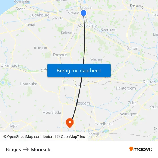 Bruges to Moorsele map
