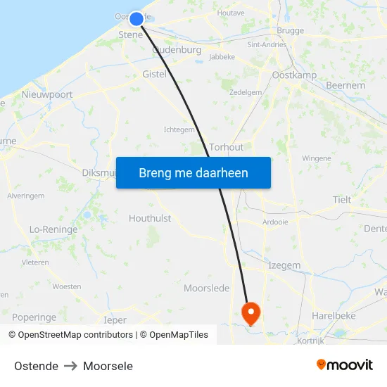 Ostende to Moorsele map