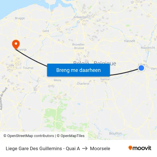 Liege Gare Des Guillemins - Quai A to Moorsele map
