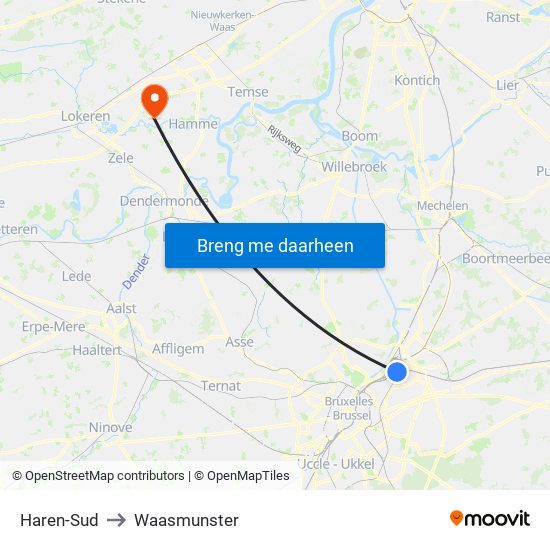 Haren-Sud to Waasmunster map