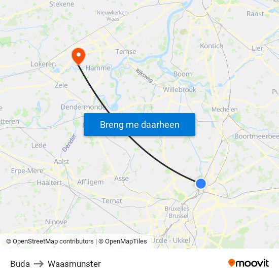 Buda to Waasmunster map