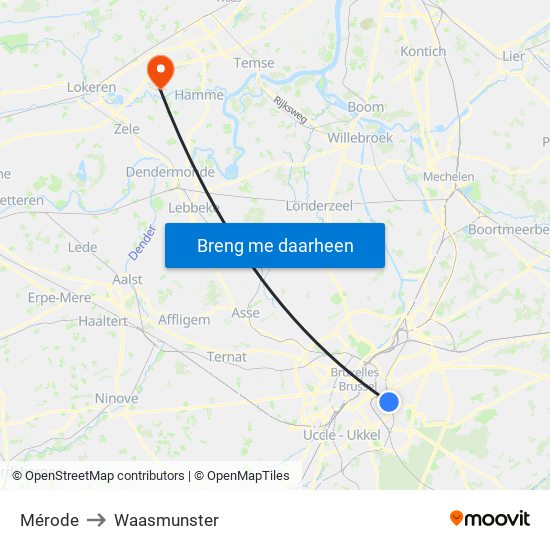 Mérode to Waasmunster map