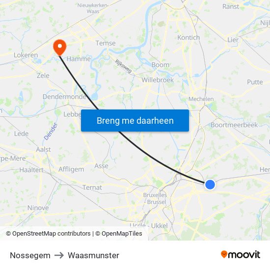 Nossegem to Waasmunster map