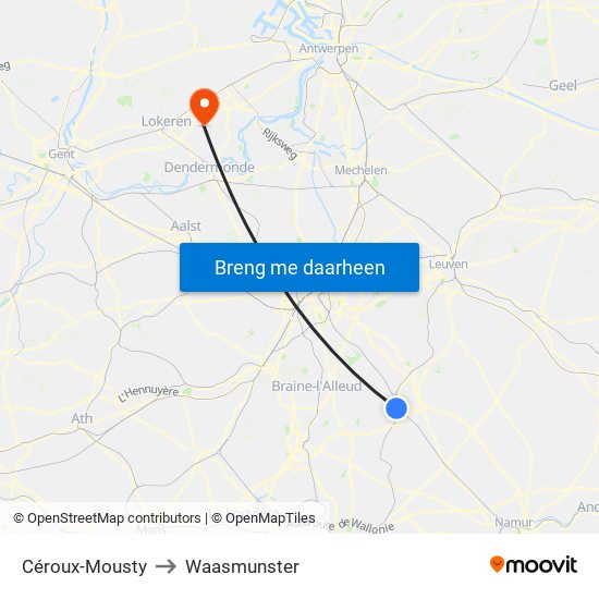 Céroux-Mousty to Waasmunster map