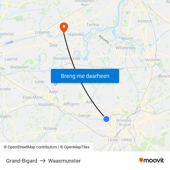 Grand-Bigard to Waasmunster map