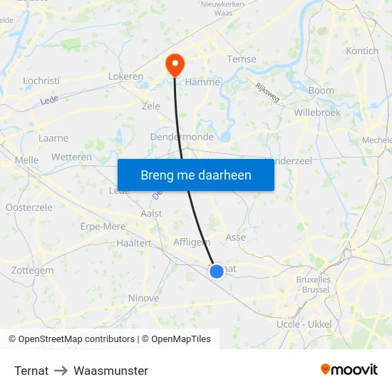 Ternat to Waasmunster map