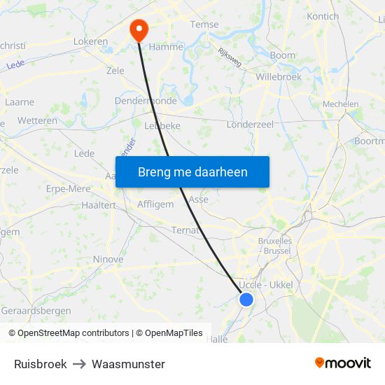 Ruisbroek to Waasmunster map