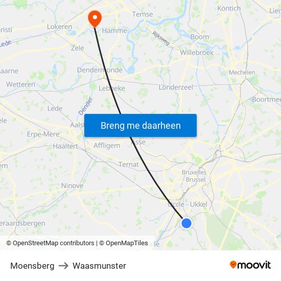 Moensberg to Waasmunster map