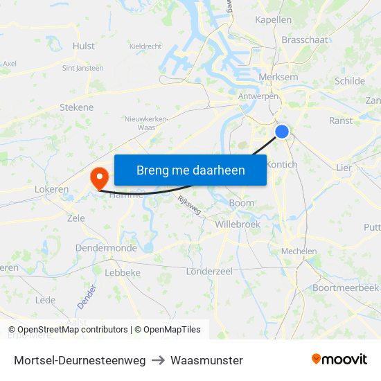 Mortsel-Deurnesteenweg to Waasmunster map