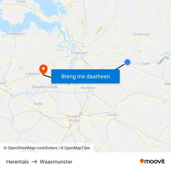 Herentals to Waasmunster map
