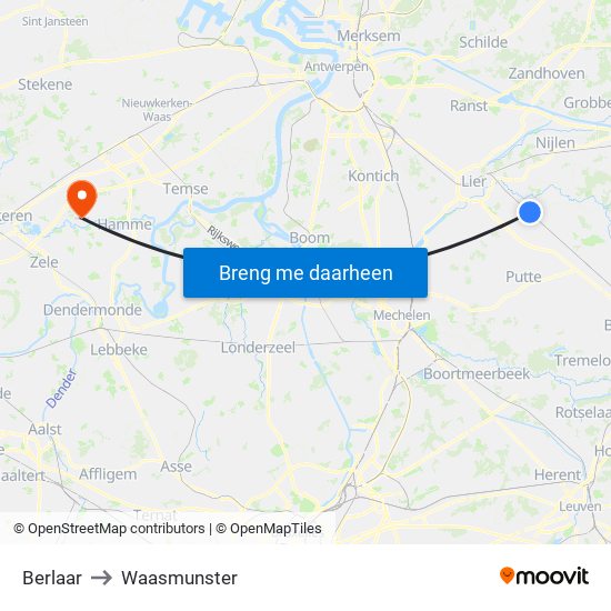 Berlaar to Waasmunster map