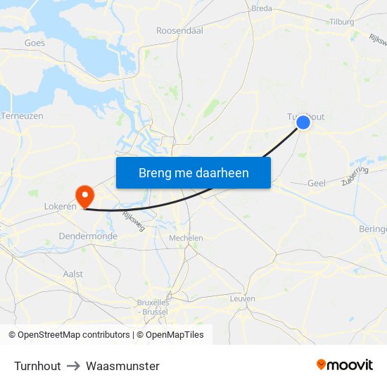 Turnhout to Waasmunster map