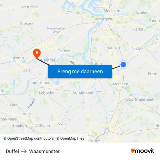 Duffel to Waasmunster map