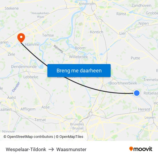 Wespelaar-Tildonk to Waasmunster map