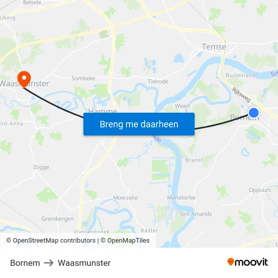 Bornem to Waasmunster map