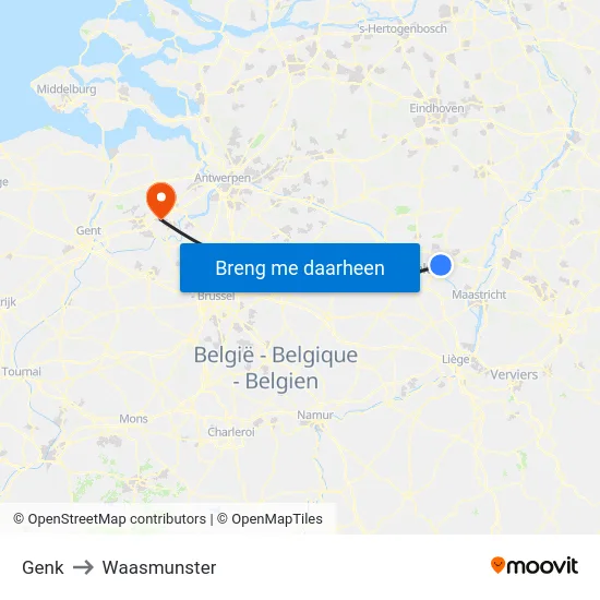 Genk to Waasmunster map