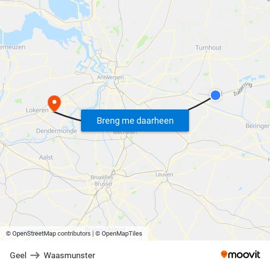 Geel to Waasmunster map