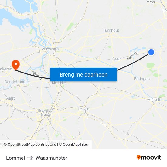 Lommel to Waasmunster map