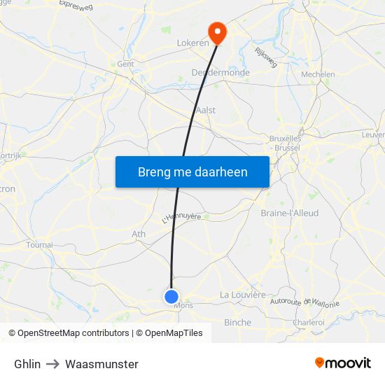 Ghlin to Waasmunster map