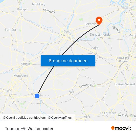 Tournai to Waasmunster map