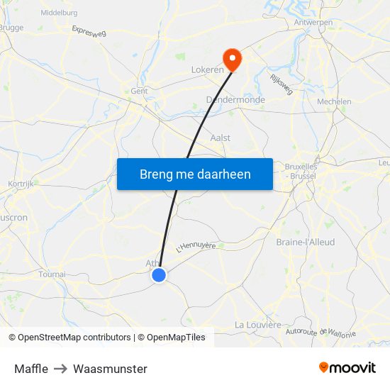 Maffle to Waasmunster map