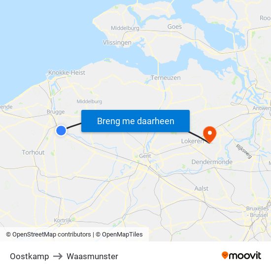 Oostkamp to Waasmunster map