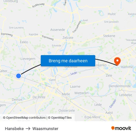 Hansbeke to Waasmunster map