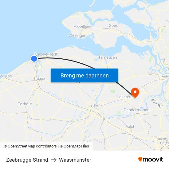 Zeebrugge-Strand to Waasmunster map