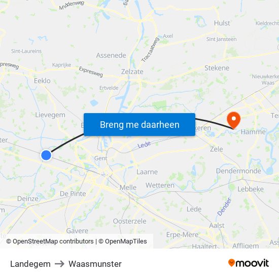 Landegem to Waasmunster map