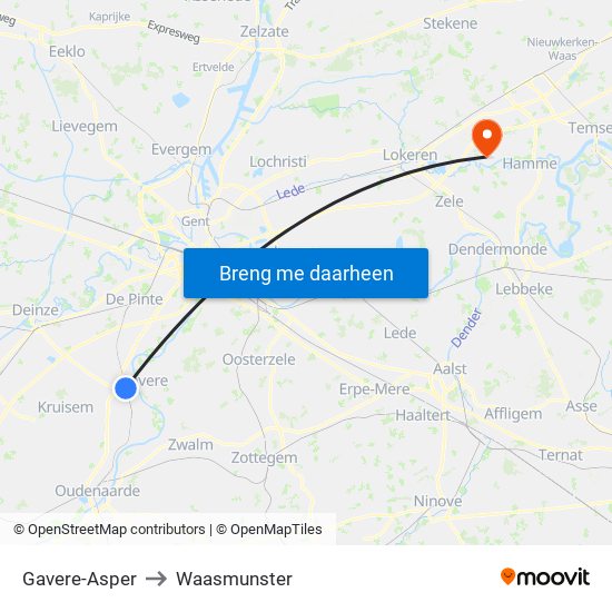 Gavere-Asper to Waasmunster map