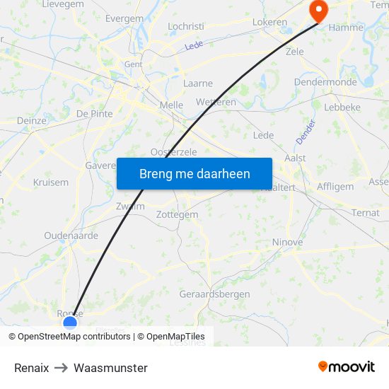 Renaix to Waasmunster map