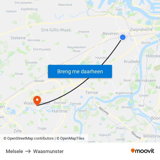 Melsele to Waasmunster map