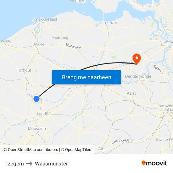 Izegem to Waasmunster map