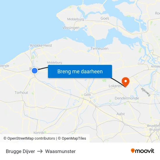 Brugge Dijver to Waasmunster map