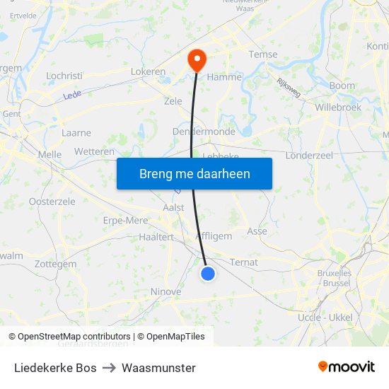 Liedekerke Bos to Waasmunster map