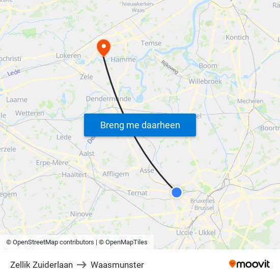 Zellik Zuiderlaan to Waasmunster map