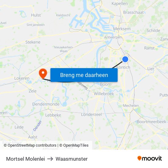 Mortsel Molenlei to Waasmunster map