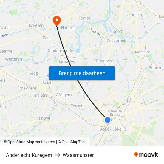 Anderlecht Kuregem to Waasmunster map