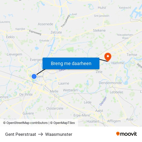 Gent Peerstraat to Waasmunster map