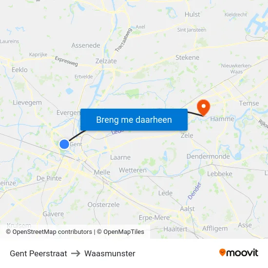 Gent Peerstraat to Waasmunster map