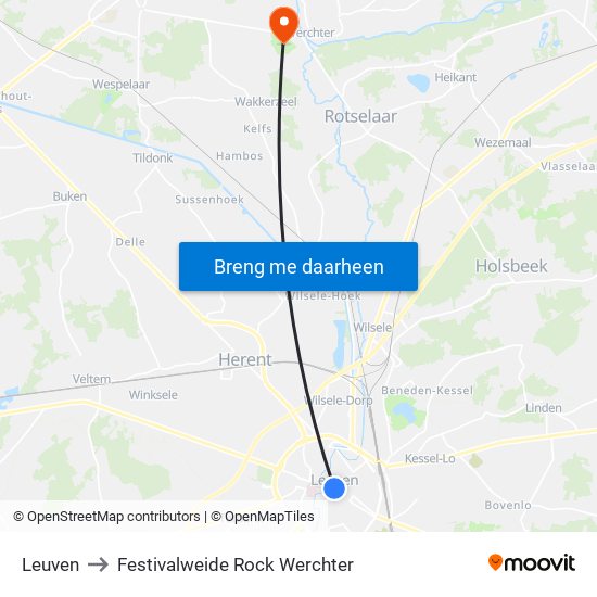 Leuven to Festivalweide Rock Werchter map