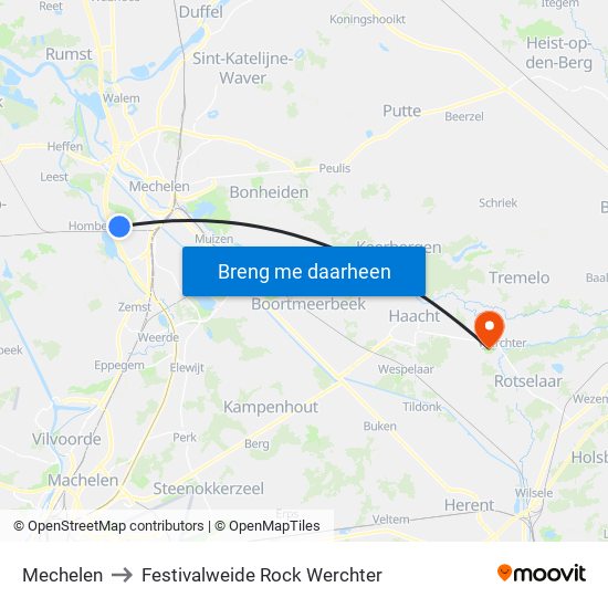 Mechelen to Festivalweide Rock Werchter map