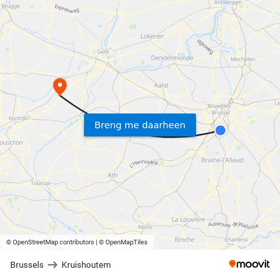 Brussels to Kruishoutem map