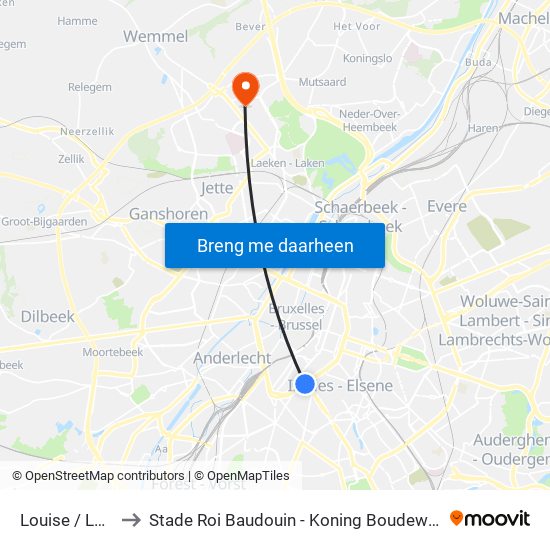 Louise / Louiza to Stade Roi Baudouin - Koning Boudewijnstadion map